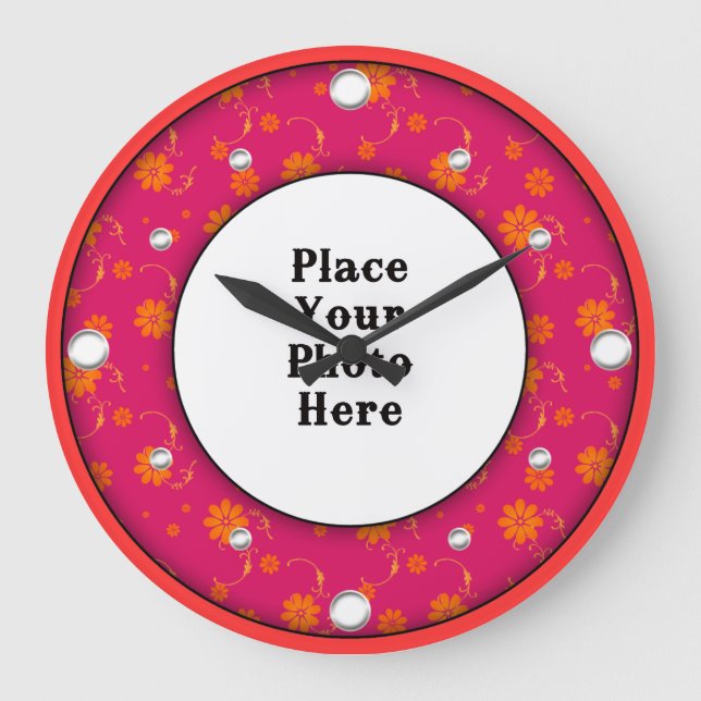 Red Floral Frame Seu Relógio De Parede Fotográfica (Frente)