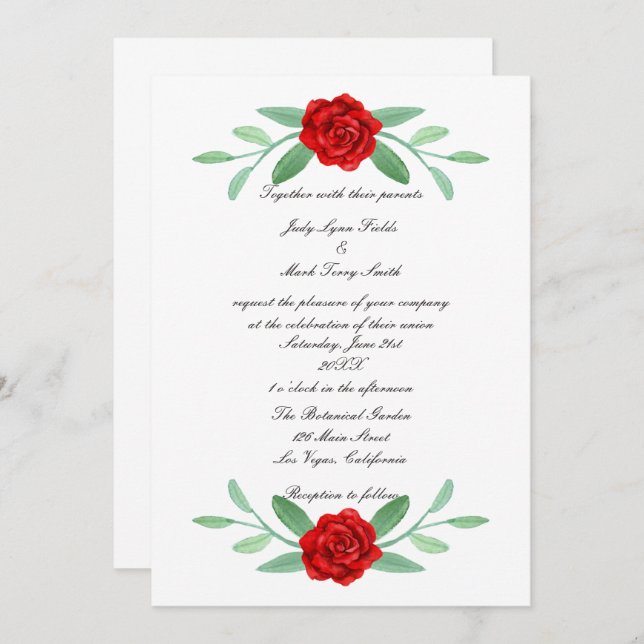 Red Floral Greenery Foliage Convite para Casamento (Frente/Verso)