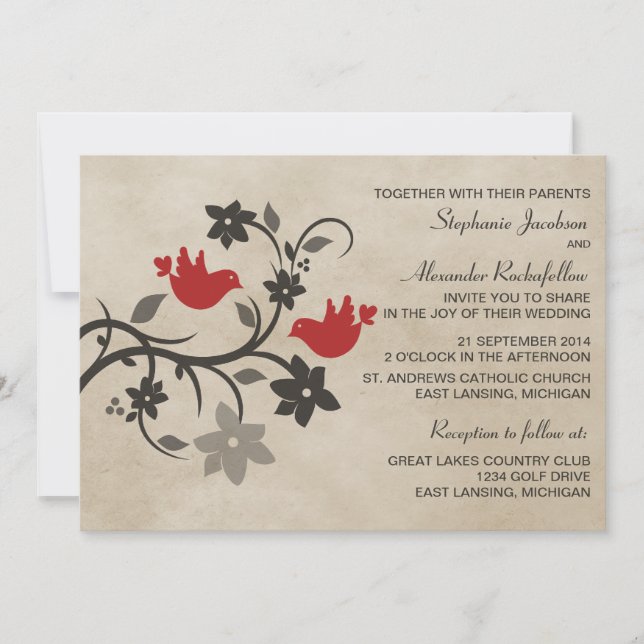 Red Floral Lovebird Convite De Casamento (Frente)