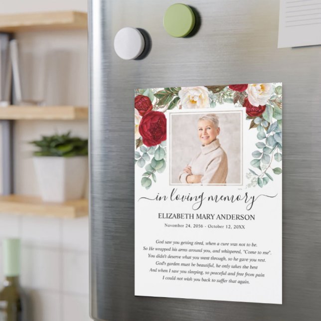 Red Floral Photo Sympathy Funeral Prayer Card (Criador carregado)