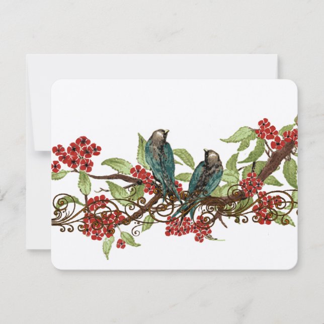 Red Flower Branch Vintage Birds Casamento RSVP (Frente)