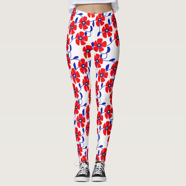 Red Flowers Blue Vines Leggings (Frente)
