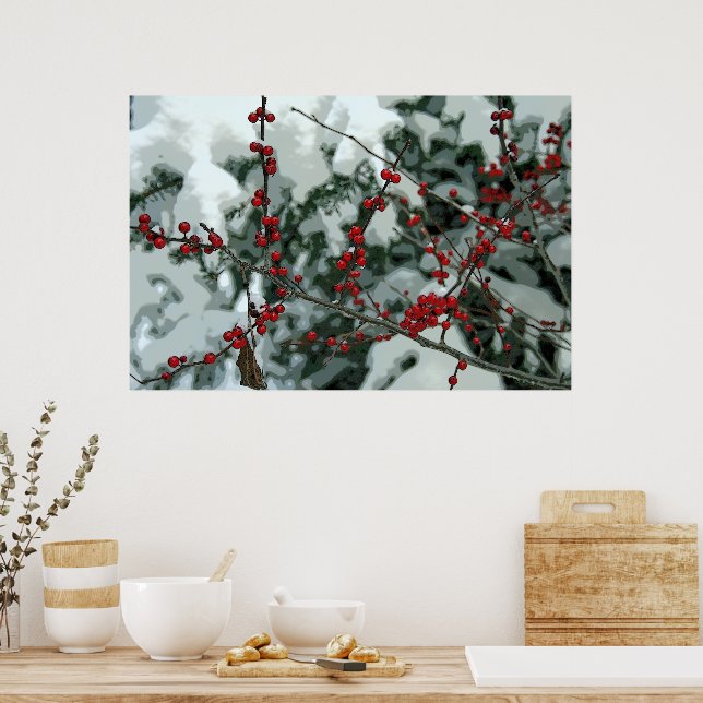 Red Frozen Berries Winter Season Poster Wall Art (Cozinha)