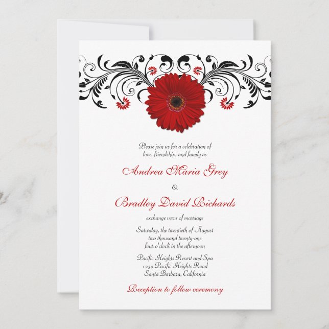 Red Gerbera Daisy Black Floral Wedation Convite (Frente)