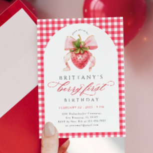 Red Gingham Berry Primeiro Convite de Aniversário