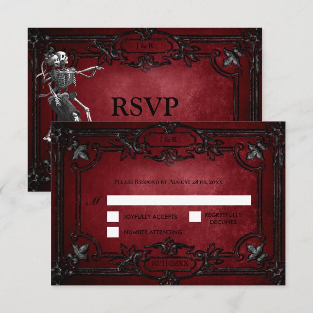 Red Gothic Halloween Alternative Wedding RSVP Card (Frente/Verso)