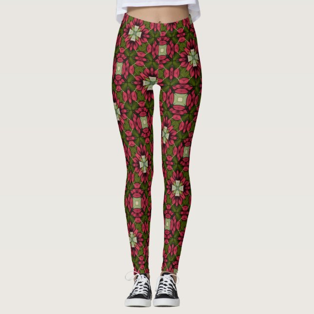  Red & Green Floral Kaleidoscope Leggings (Frente)
