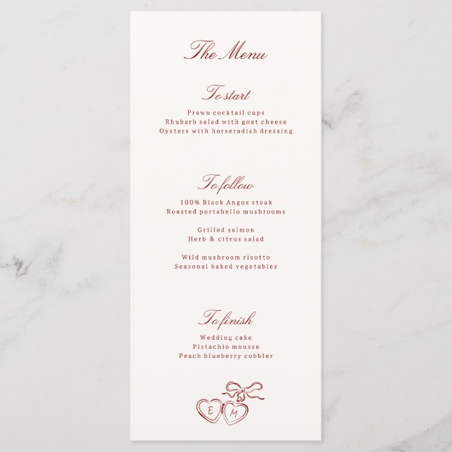 Red Illustrated Locket Whimsical Wedding Menu (Frente)