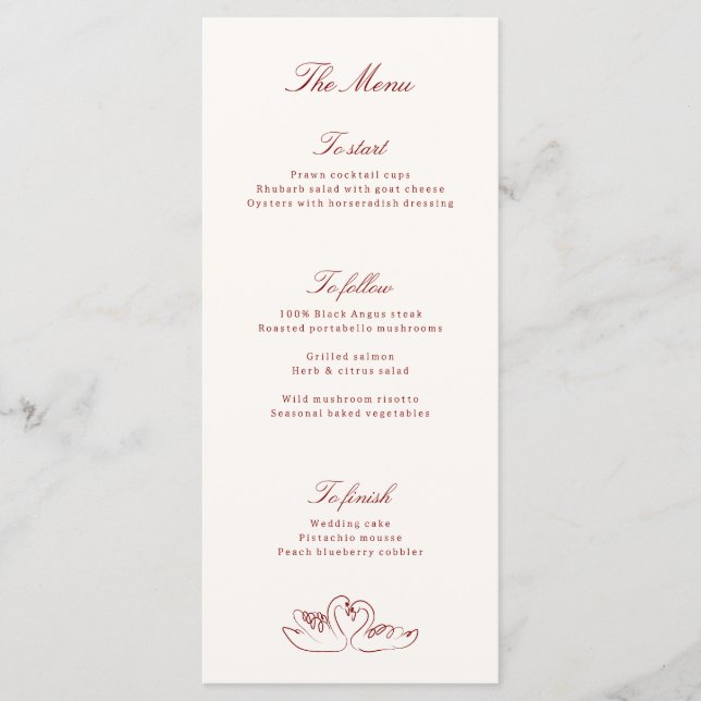 Red Illustrated Swans Whimsical Wedding Menu (Frente)
