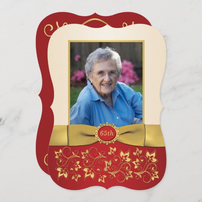 Red, Ivory, Dourada 65ª Foto Convite de Aniversári (Frente/Verso)
