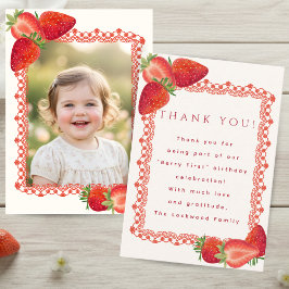Red Lace Berry First Birthday Photo Thank You Card