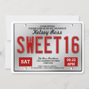 Red License Plate Sweet 16 Convites de festas