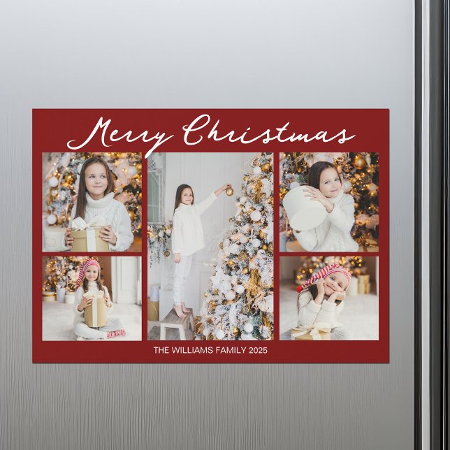 Red Merry Christmas Photo Collage 2025 Magnet Card (Criador carregado)