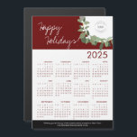 Red Modern Wreath Your Logo aqui Calendar 2025<br><div class="desc">Estenda seus Cartões de natal e obrigados aos seus clientes, funcionários e clientes com esses cartões de calendário magnéticos 2025, modernos e personalizáveis, de Natal Corporate Holiday. Substitua o logotipo por sua própria marca, personalize a mensagem, apresentando minha ilustração da coroa moderna em ouro, verde, e as palavras "Felizes Feriados"...</div>