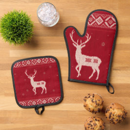 Red Norwegian Knit w/ Deer, Oven Mitt & Pot Holder