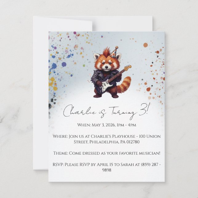 Red Panda Rocker Birthday Invitation (Frente)