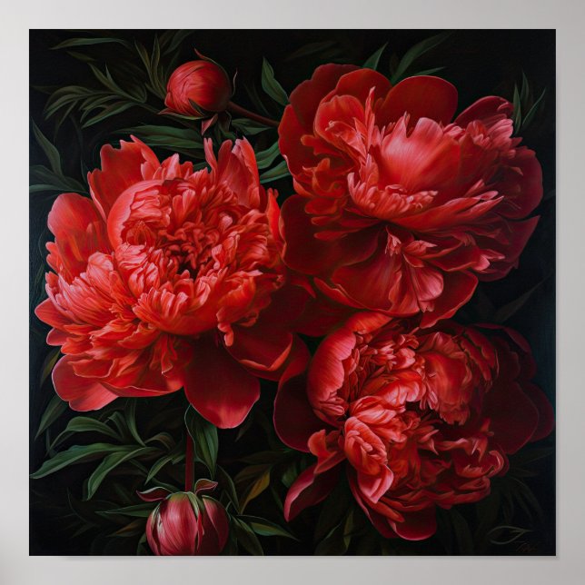 Red Peonies Flower Art Impressão Poster (Frente)