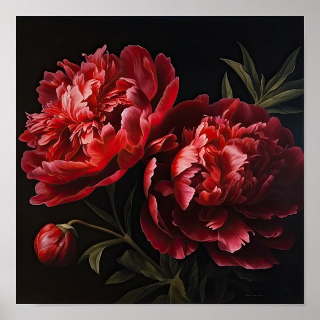 Red Peonies Flower Art Impressão Poster (Frente)
