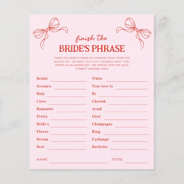 Red & Pink Bow Finish the Bride's Phrase Game (Frente)