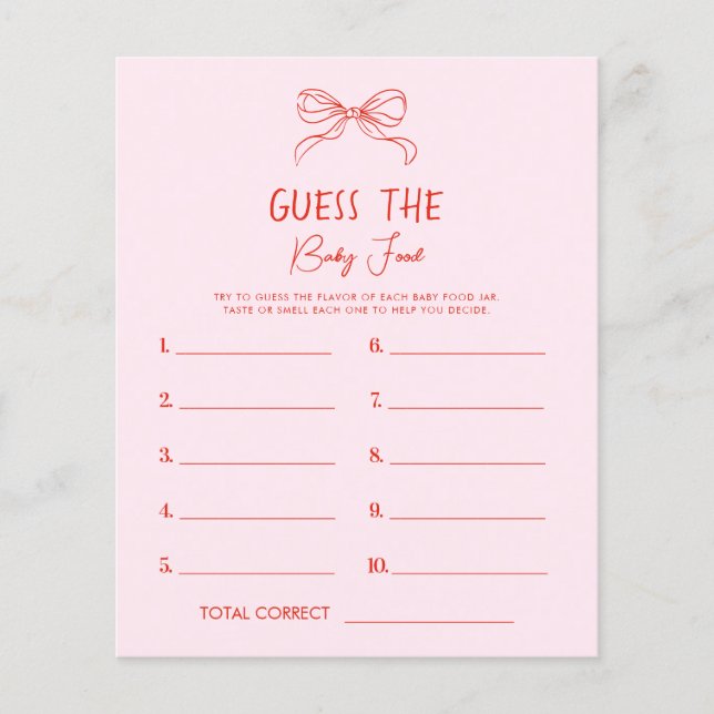 Red Pink Hand Drawn Bow Guess The Baby Food Game (Frente)