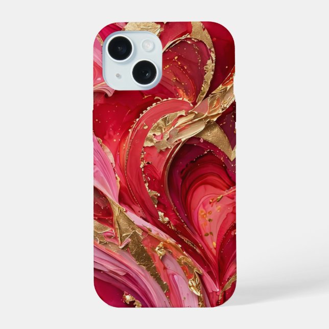 Red & Pink Marble Gold iPhone 15 Case (Verso)