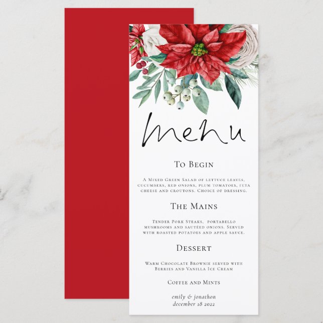 Red Poinsettias Foliage Menu Casamento de Natal (Frente/Verso)