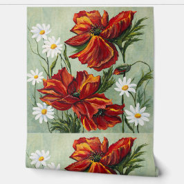 Red Poppy & Daisy Floral Wallpaper
