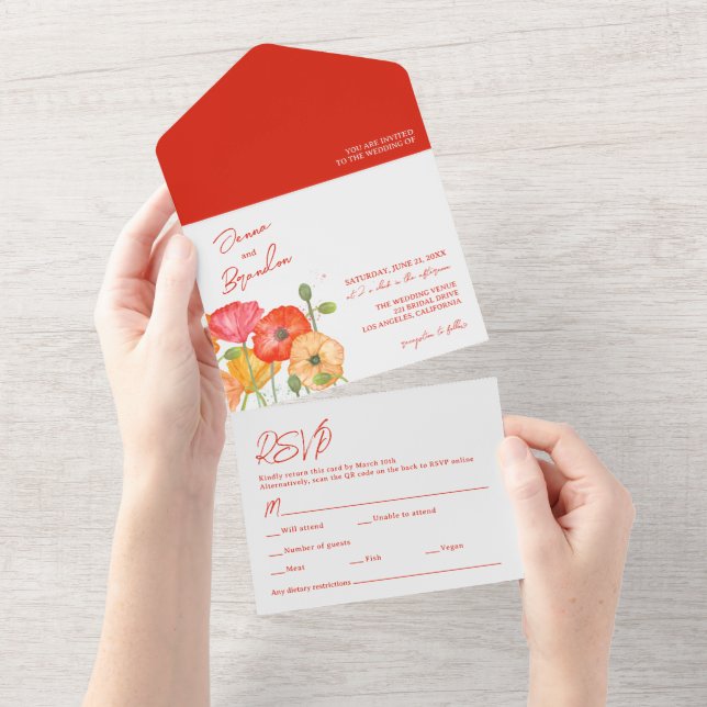Red Poppy Floral Código QR RSVP Casamento (Tearaway)