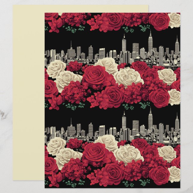 Red Rose Floral Scrapbook Paper (Frente/Verso)