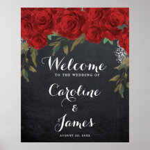 Red roses wedding welcome reception sign poster