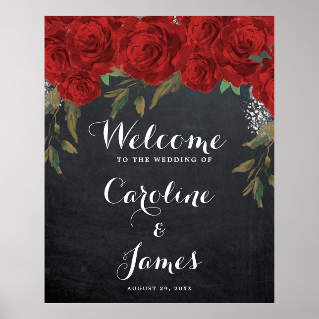 Red roses wedding welcome reception sign poster (Frente)