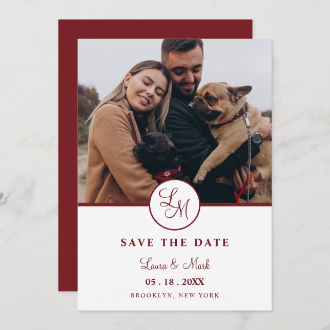 Red Rustic Photo Minimalist Wedding Initials  (Frente/Verso)