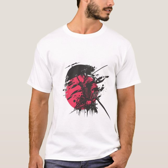 Red Samurai Warrior Ink Art T-Shirt | Japanese Kat (Frente)