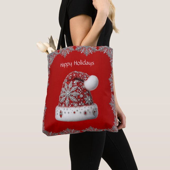Red Santa Hat Holiday Tote Bag (Close Up)
