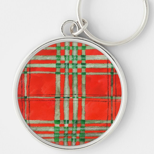 RED SCOTT TARTAN Premium Round Chaveiro (Frente)