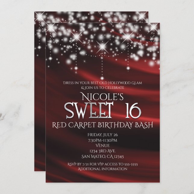 Red Silk e Sparkle Silver Sweet 16 Glam Convite (Frente/Verso)