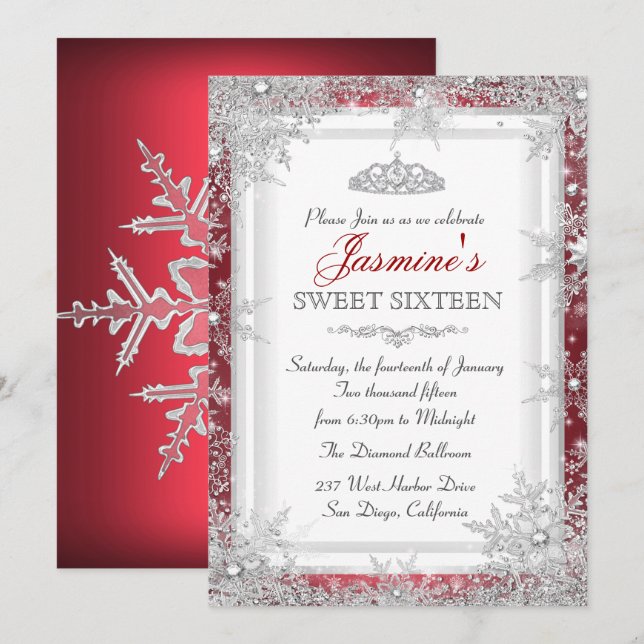 Red Silver Winter Wonderland Sweet 16 Convite (Frente/Verso)