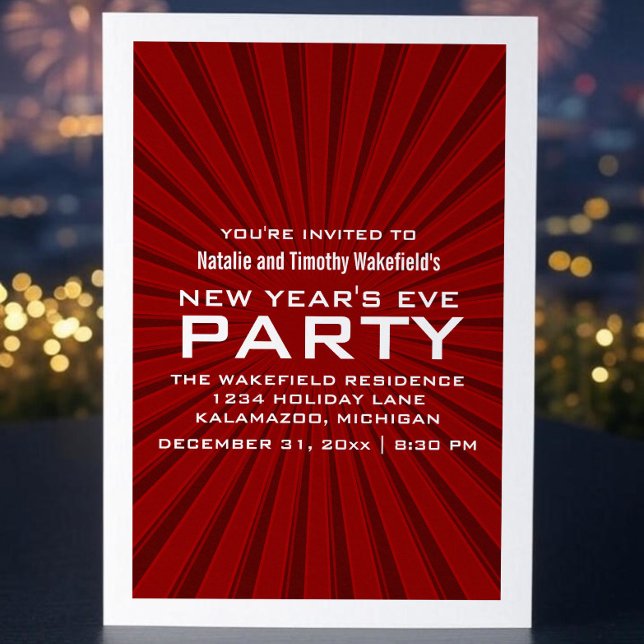 Red Starburst Stripes Festa de Ano Novo Convite (Red Starburst Stripes New Years Party Invite)