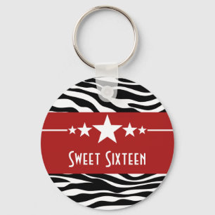 Red Stars Zebra Print Sweet 16 Chaveiro