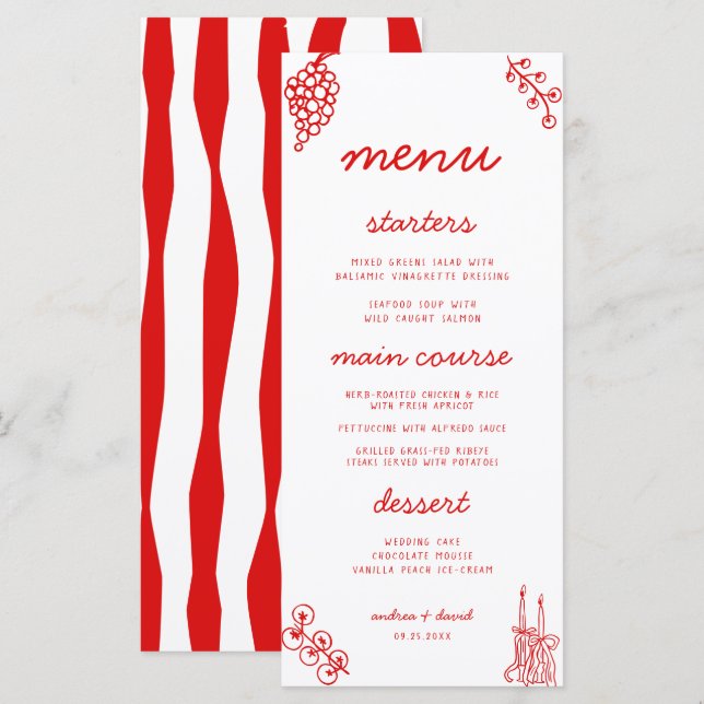 Red Stripes Retro Hand Drawn Italian Wedding Menu (Frente/Verso)