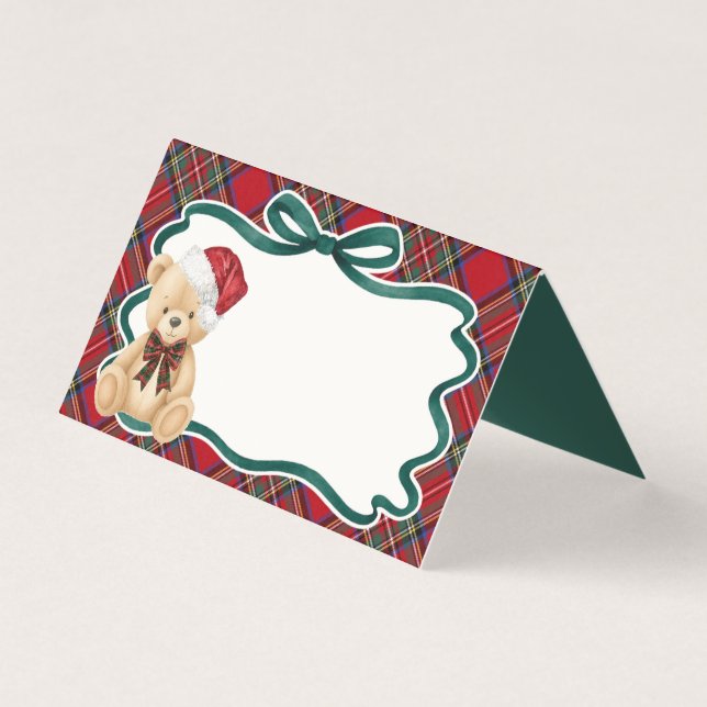 Red Tartan Plaid Christmas Bear Table Place Card (Frente)