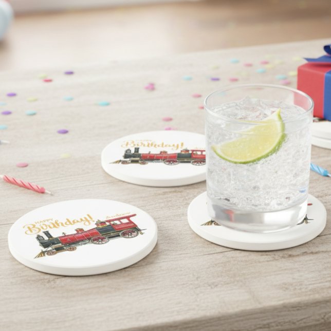 Red Train Happy Birday Porta copos Sandstone (Red Train Happy Birthday Sandstone Coaster)