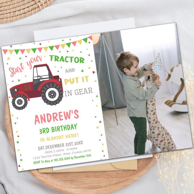 Red Trator - Convites de Aniversário com foto (Red Tractor Birthday Invitations with photo)