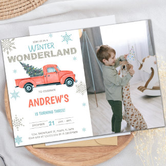 Red Truck Wonderland Birthday Convites com foto