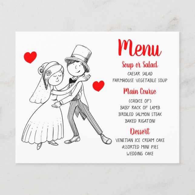 Red Wedding Menu Cute Cartoon Bride Groom (Frente)