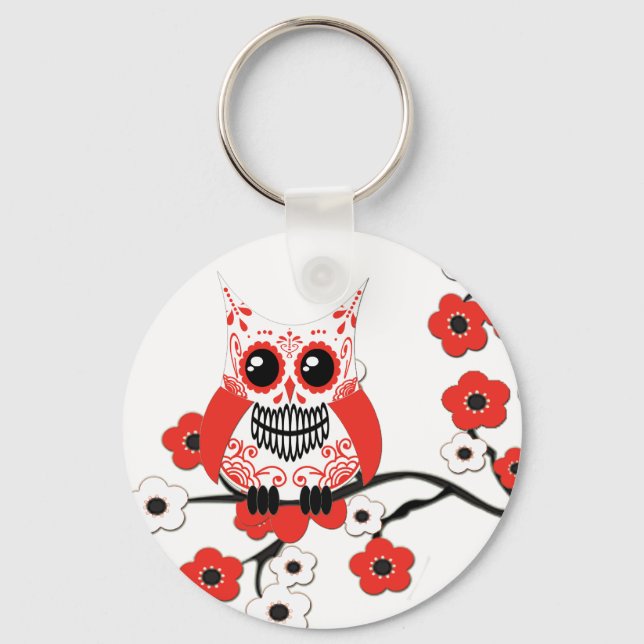 Red White Cherry Blossoms Owl Chaveiro (Frente)