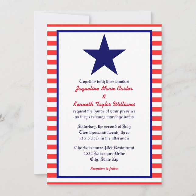 Red White e Blue Star - Convite de Casamento (Frente)