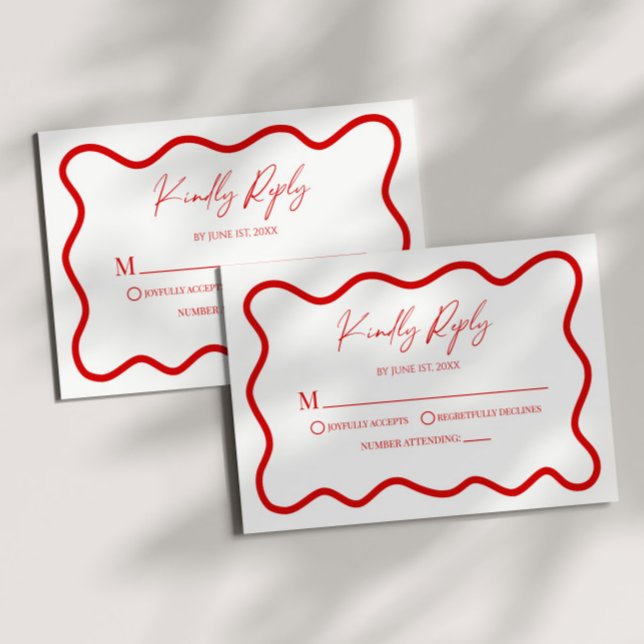 Red White Elegant Wavy Border Wedding RSVP Card (Criador carregado)