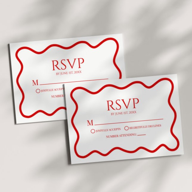 Red White Elegant Wavy Border Wedding RSVP Card (Criador carregado)