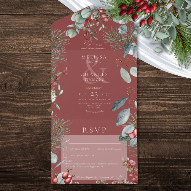 Red Winter Pine Berries Eucalyptus No Janta (Red Winter Pine Berries Eucalyptus No Dinner All In One Invitation)